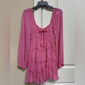 Pink Ruffled Long Sleeve Tiered Dress